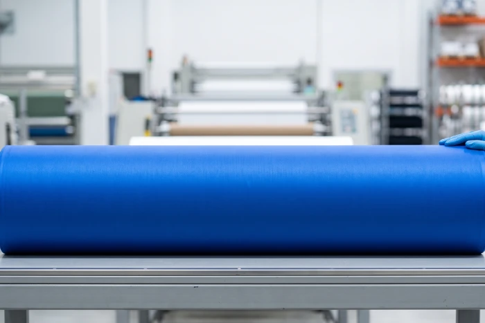 Finished royal blue nylon fabric roll.