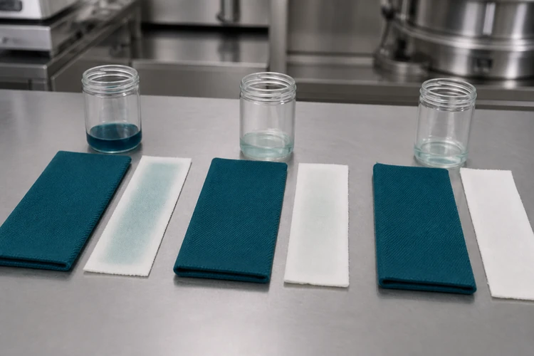 2. Low-temperature soaping leaves clearer wash liquor and less staining on adjacent white cotton strips.