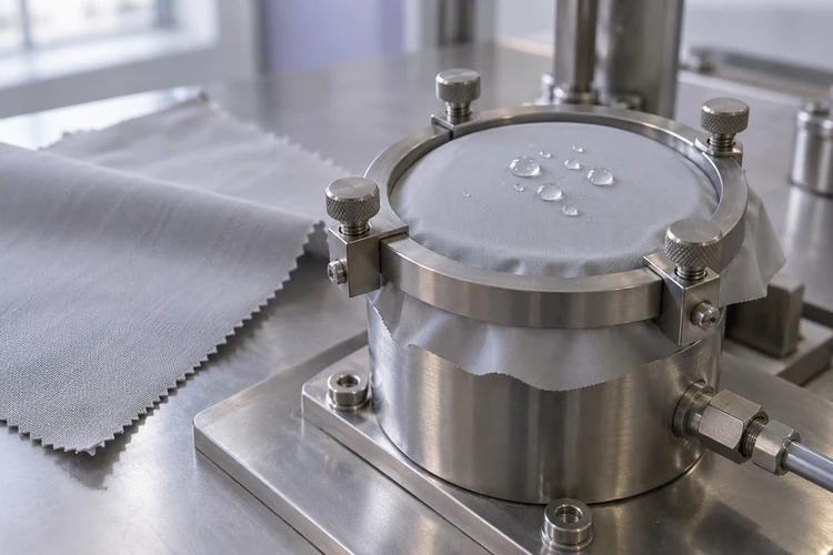 Coated polyester clamped for water-resistance evaluation.