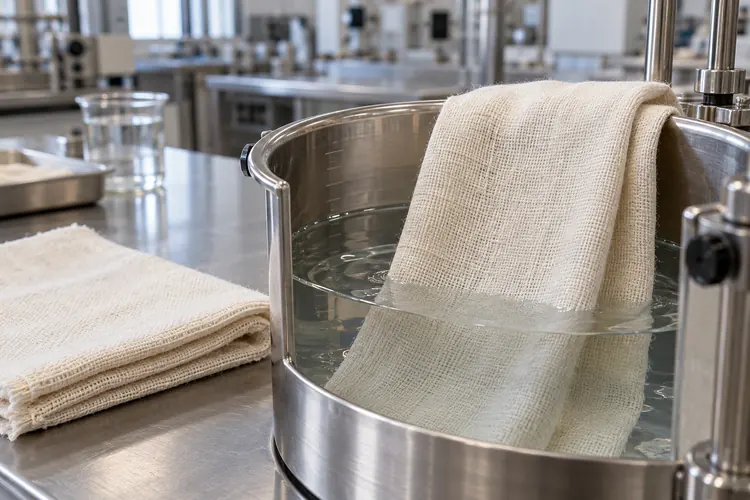 Cotton woven fabric immersed in a laboratory scouring bath.