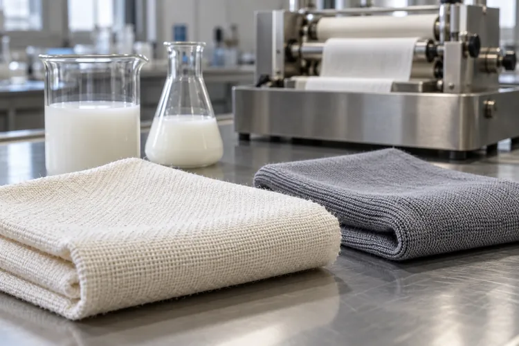 Cotton and polyester samples beside textile finishing emulsions.