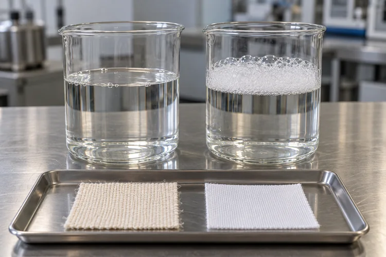 Two textile test baths with different foam levels.